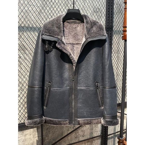 

men's leather & faux men original ecological sheep shearling jacket winter middle-aged leisure genuine fur coat pre-sale, Black