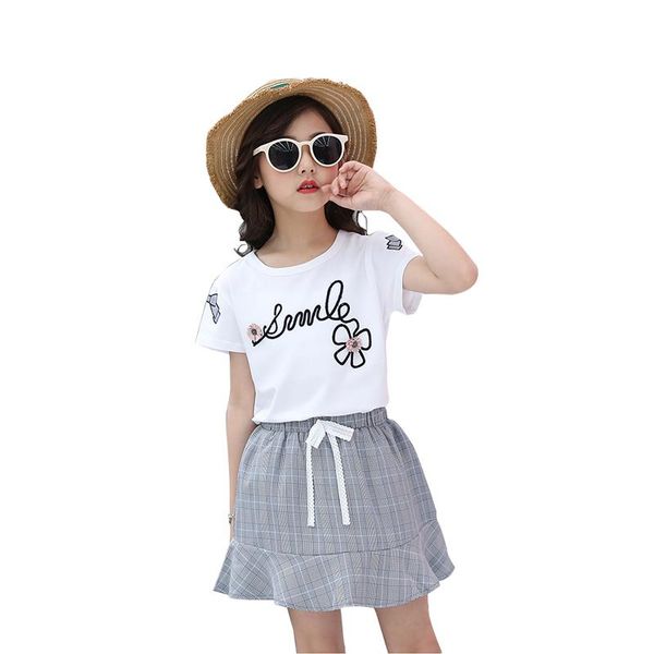 

summer girls sets t-shirt + skirt 2pcs kids clothes fashion print pattern embroidery children clothing suit baby 3-14 years, White