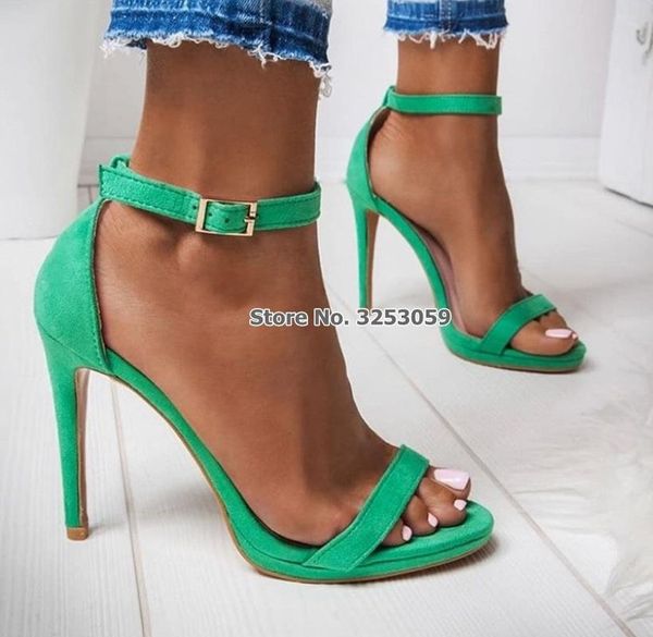 

women concise suede single strap high heel sandals stiletto heels buckle summer dress shoes green pink all colors, Black