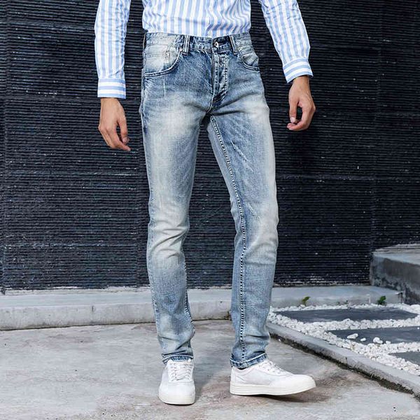 

jeans italian style fashion men light blue slim fit elastic scracth ripped jeans casual vintage designer long pants