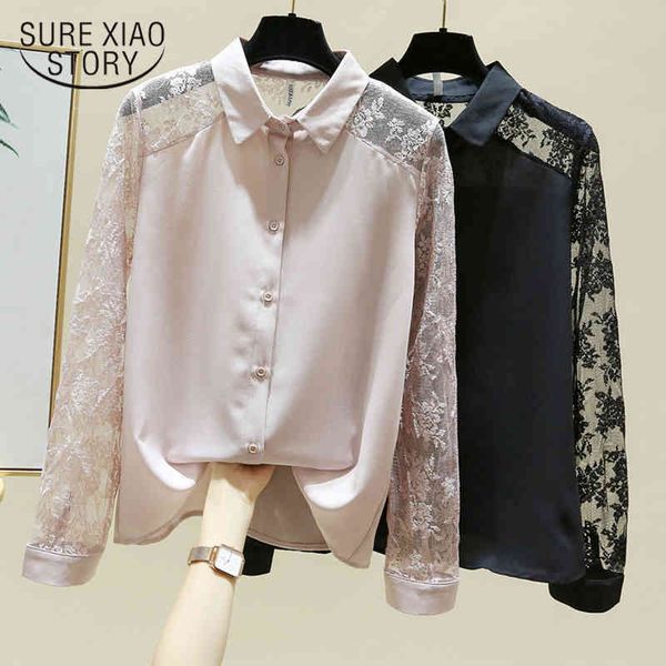 

fashion elegant chiffon blouse long sleeve vintage pink button up shirt lace spliced blouses women casual 11923 210415, White
