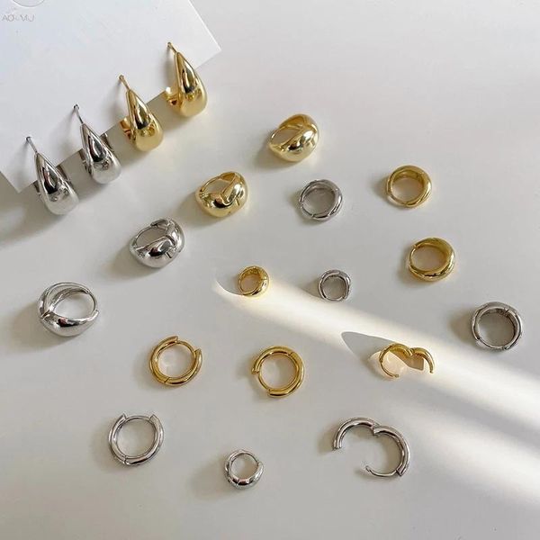 

hoop & huggie aomu 2021 fashion mininaliat geometric round oval gold silver color metal earrings for women jewelry gifts, Golden;silver