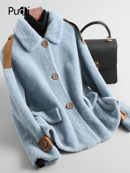 

women's fur & faux a68128 winter real wool overcoat warm jacket girl coat lady short, Black