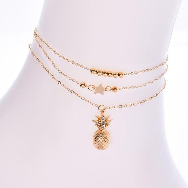 

anklets doreen box gold color anklet pineapple/ ananas fruit pentagram star pendants foot jewelry 20cm(7 7/8") long, 1 set ( 2 pcs/set), Red;blue