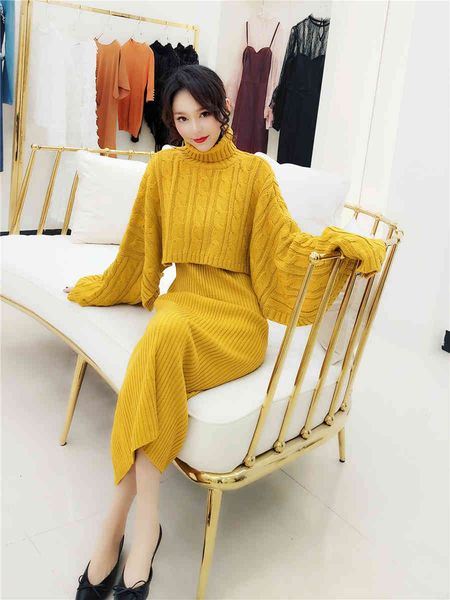 

blue yellow autumn winter women two piece sweater knitted twist loose cloak turtlenek crop and long split bodycon vest, White