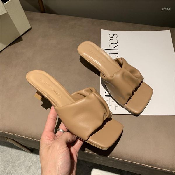 

slippers deat 2021 summer fashion casual solid square toe shallow lace mesh pleated high heels outside women shoes se4631, Black