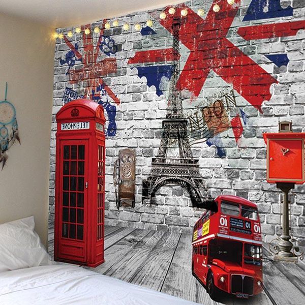 

tapestries telephone booths, buses, towers, wall