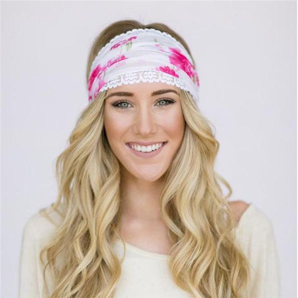 Boho estilo mulheres moda lace headbands beauitful floral impresso headwrap esporte yogo faixas de cabelo largo elástico 15 cores de alta qualidade