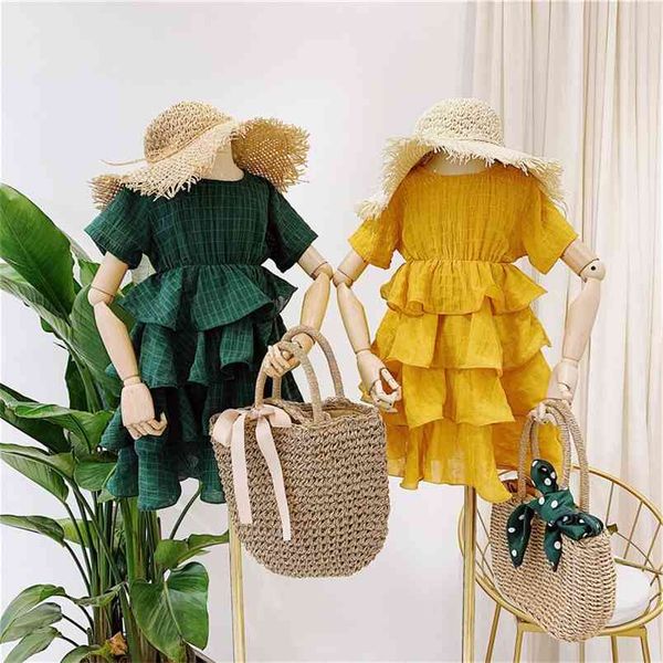 

summer dresses kids clothing for girls checkered cake princess children's costume 210528, Red;yellow