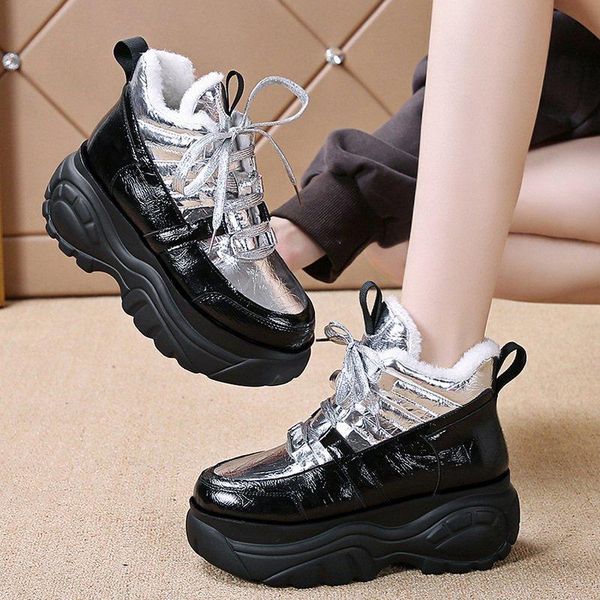 

boots drop chunky platform woman waterproof warm thick plush cotton padded shoes lace up snow female women winter, Black