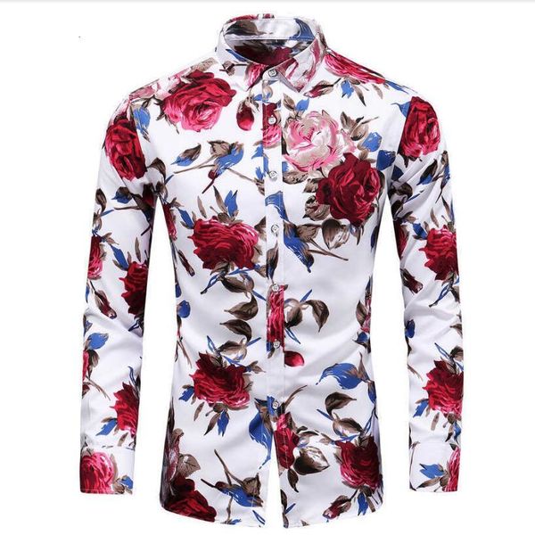 

Men's Shirts Fashion Floral Men Plus Size Flower Print Camisas Masculina Black White Red Blue Male Turn-down Collar Shirt Blouse RNTN, White;black