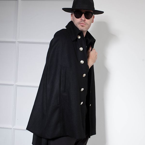 

men's wool & blends european and american autumn winter woolen coat bat shirt male cape shawl double-breasted lapel1 fx89, Black