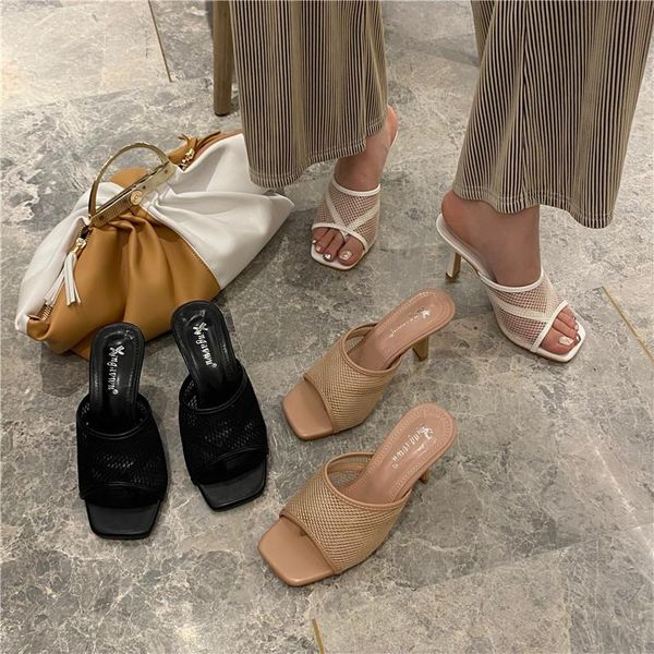 

fashion women slippers slip on thin high heels open toe slides hollow sandals wedding party mules gladiator, Black