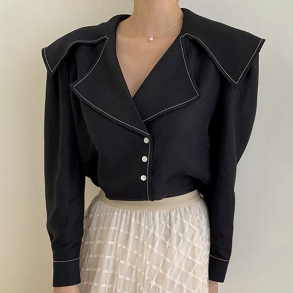 

women's blouses & shirts korean chic blouse office ladies big turn-down collar single-breasted female beige/black fashion 2021, White