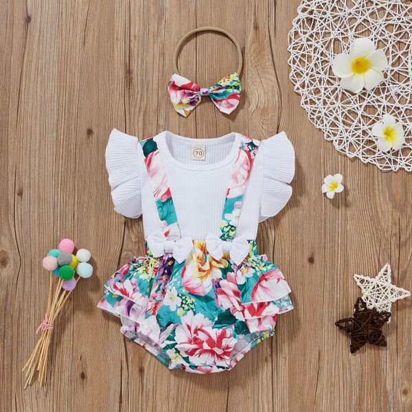 

clothing sets 3pcs baby girl clothes set born childern ribbed solid +floral printed suspender shorts headbands outfits, White