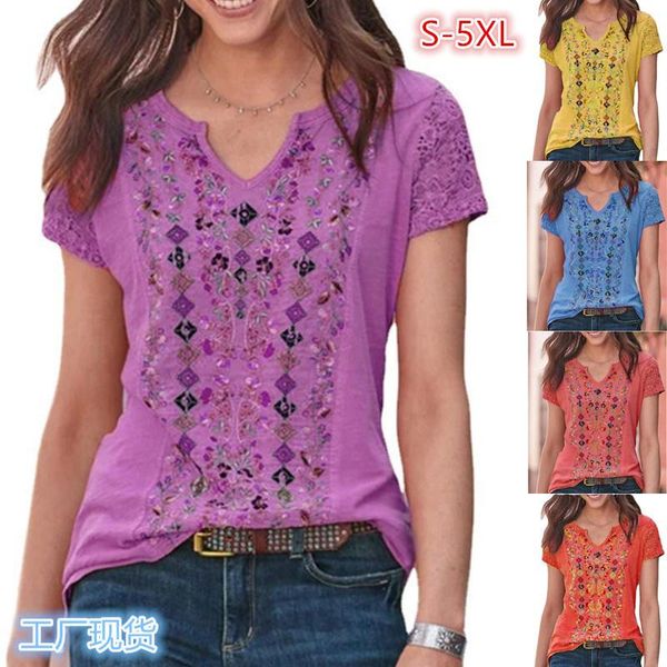 

women's t-shirt 2021 summer print v-neck short sleeve top, White