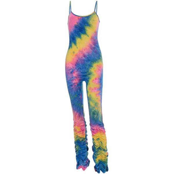 

women jumpsuit 2021 fashion sleeveless tie-dye printed slim-fit pleated tights romper playsuits women's jumpsuits & rompers, Black;white