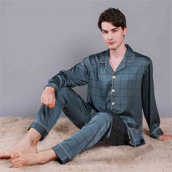 

men luxurious ice silk pajamas spring summer plus size pajama sets male comfortable sleepwear casual pijama 210812, Black;brown