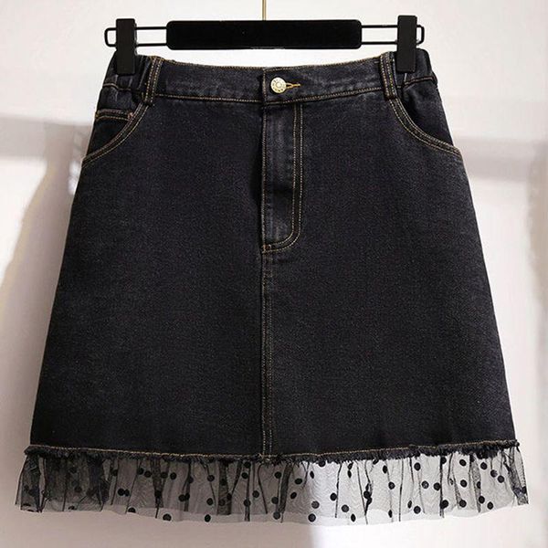 

skirts mferlier chic a line skirt women zipper pocket dot mesh patchwork all match spring oversized 6xl 7xl 8xl ladies denim, Black