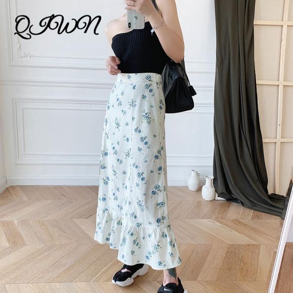 

skirts runway boho blue chrysanthemum linen white print high waist slim ruffles long women elegant vacation party clothing s747, Black