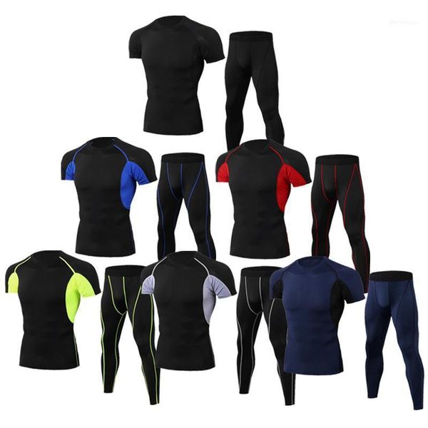

running sets men's sports suit compression training short-sleeved + trouser comfortable sweat-absorbent gym fitness all season1, Black;blue
