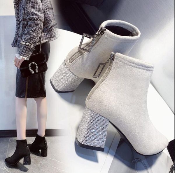 

boots women shoes woman fashion square root ankle 2021 winter zipper rhinestone comfortable x313, Black