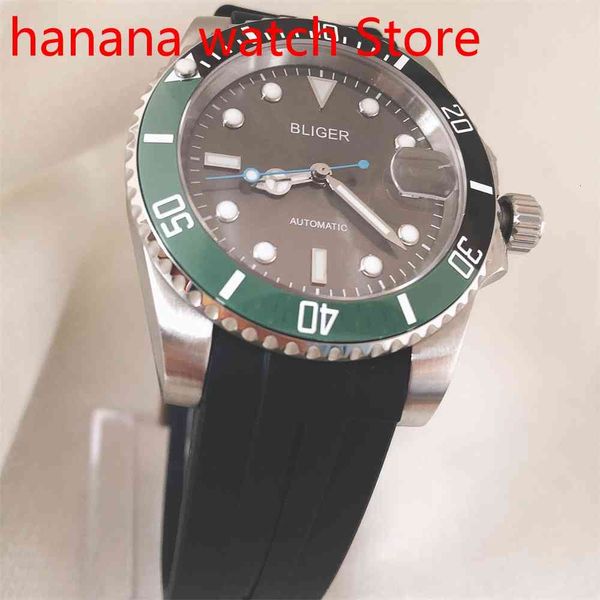 

automatic men watch nh35/miyota 8215 movement sapphire glass date black rubber strap aluminium red green cover illuminating insert, Slivery;brown