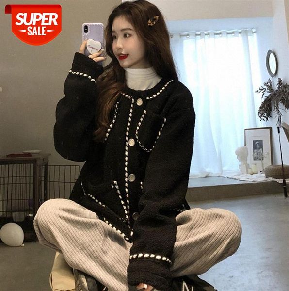 

thickened little fragrant wind lamb wool coat sweater gentle japanese thick female wild #601r, Black;gray
