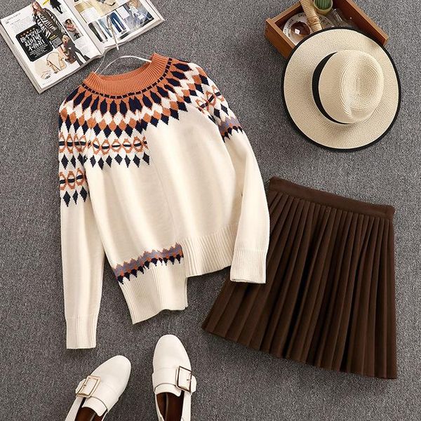 

two piece dress 2021 sweet sweater + woolen pleated skirt female two-piece suit 1219, White