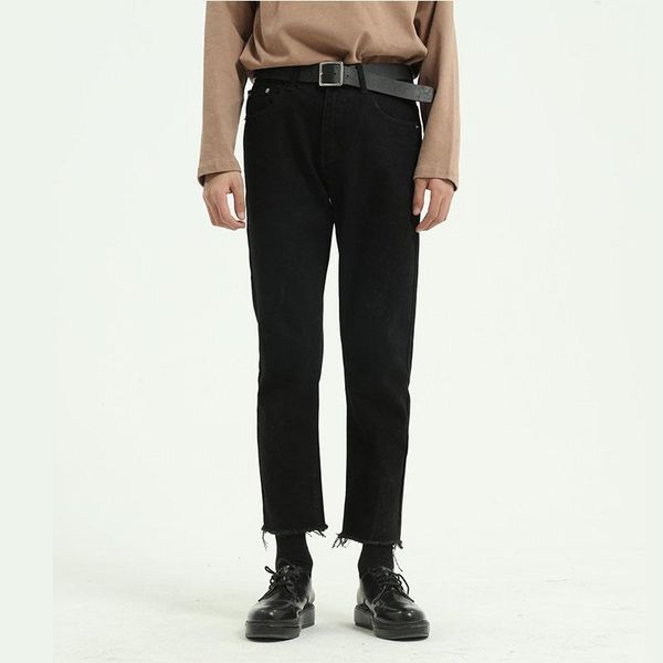

men black hip hop casual broken hem jeans pant male japan korea style streetwear vintage denim trousers couple clothes men's, Blue
