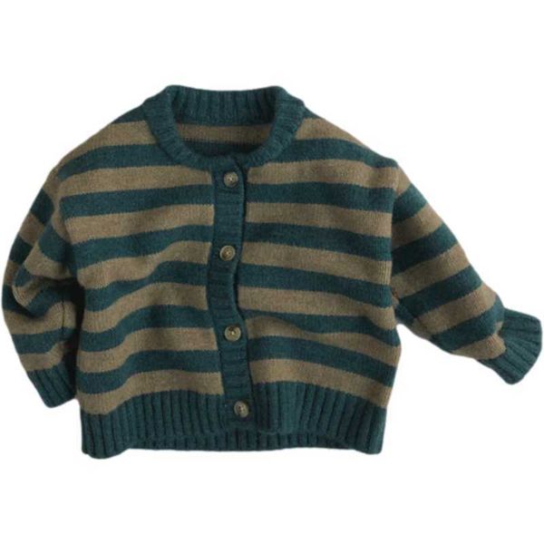 

toddler sweater children's pullover single-breasted blue round neck striped cotton cardigan 210701
