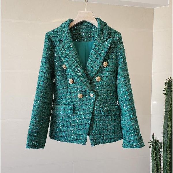 

women's suits & blazers autumn winter office lady vintage suit collar green plaid tweed blazer long sleeve double breasted business jac, White;black