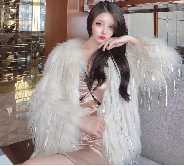 

women's fur & faux tassel decoration of ladies' style winter imported raccoon dog encryption car stripe coat short, Black