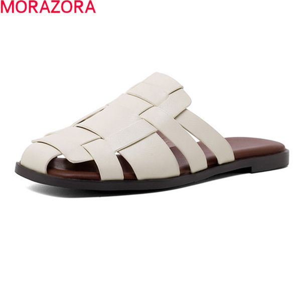 

morazora genuine leather slippers comfortable flat heel ladies casual shoes summer 3 colors women mules shoes 210506, Black