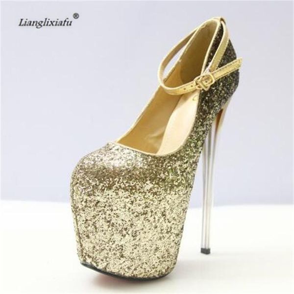 

zapatos plus:34-41 42 43 crossdresser gold/sliver 20cm high-heeled paillette shoes woman stiletto female buckle pumps dress, Black