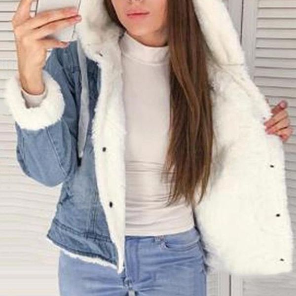 

women's jackets 2021 women denim jacket with fur winter jeans warm hooded velvet femme collar padded coats windbreake, Black;brown