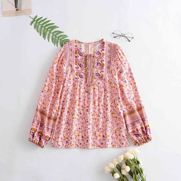 

women's blouses & shirts women floral print bohemian beach spring summer drawstring long sleeve boho blouse holiday seaside j, White