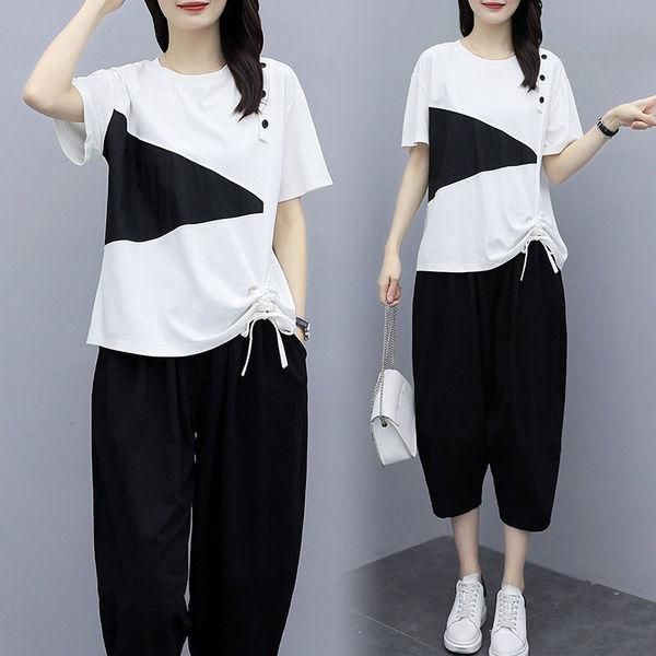 

cotton pants sets summer fat sister show thin suit cover meat age reduction two piece set large size crop shorts sweatsuit women's, White