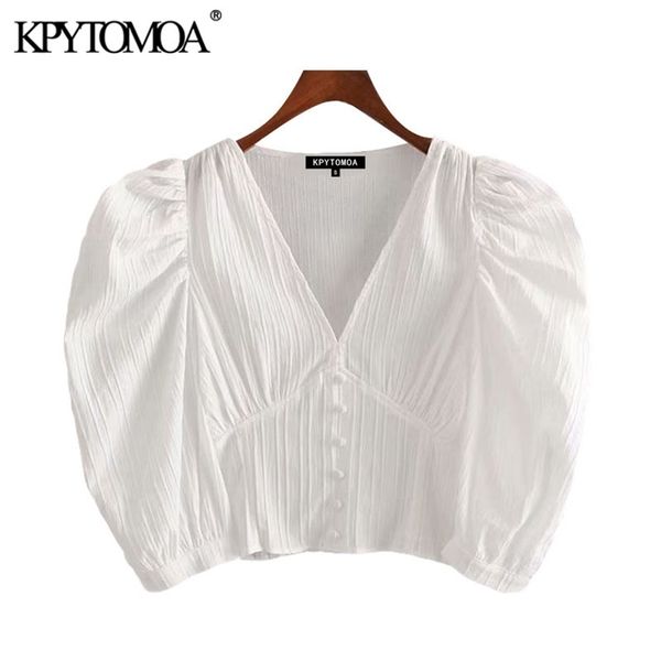 

women sweet fashion buttons white cropped blouse vintage v neck puff sleeve female shirts blusas chic 210420