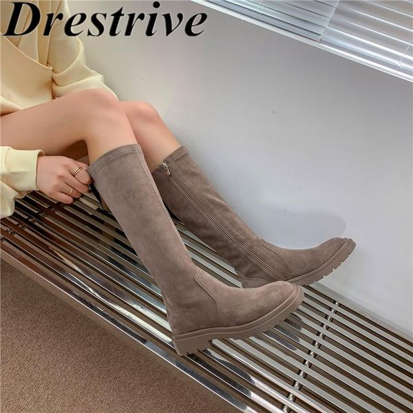 

boots drestrive cow suede 2021 classic winter shoes elastic fabric round toe thick low heels women knee high zipper, Black