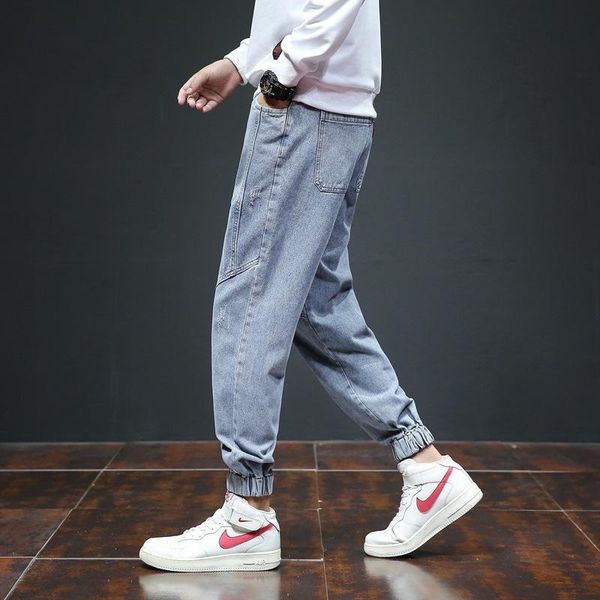 

wholesale 2021 fashion teenagers elastic waist denim simple versatile cropped ankle jeans male loose harem pants men's, Blue