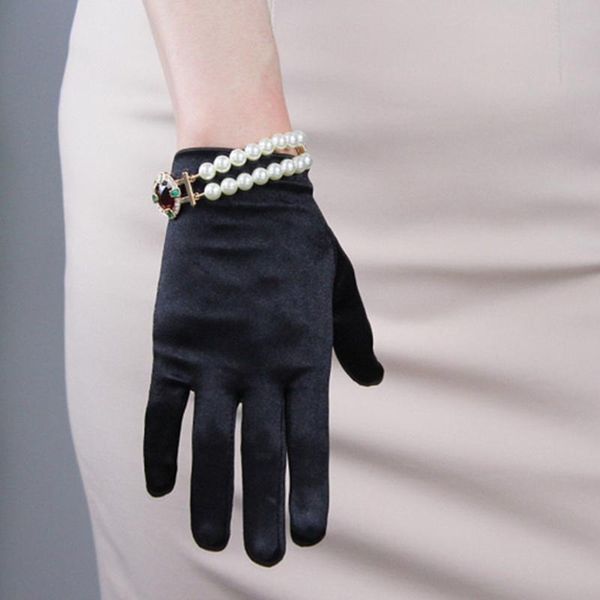 

sports gloves women 22cm elastic mercerized silk satin short dance party etiquette mitten winter thin solid color wrist warm driving glove, Black