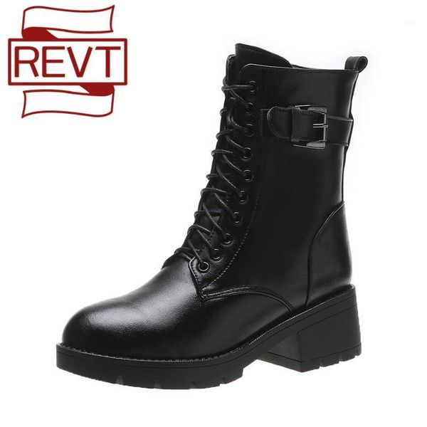 

boots revt genuine leather women lace classic style female martn 4cm thick wool black casual shoes1