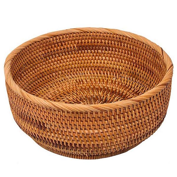 

storage baskets natural rattan round fruit basket wicker tablebread serving tray weaving food bowls(large, 1pcs)