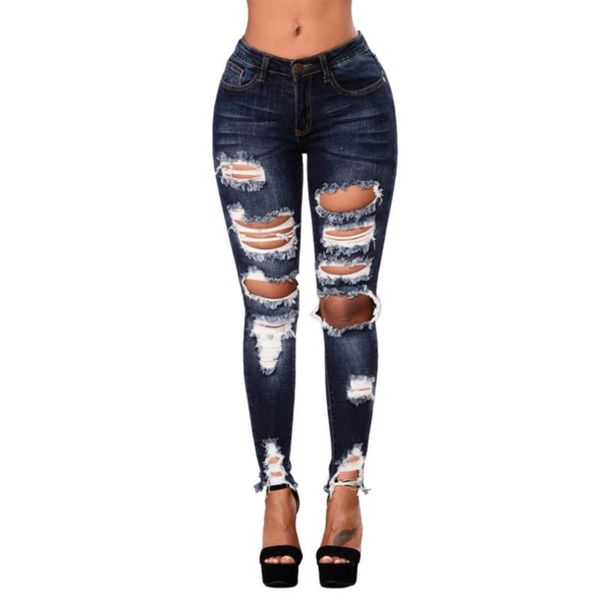 

high waist zipper long denim jeans for women holes skinny trousers pencil pants women's, Blue