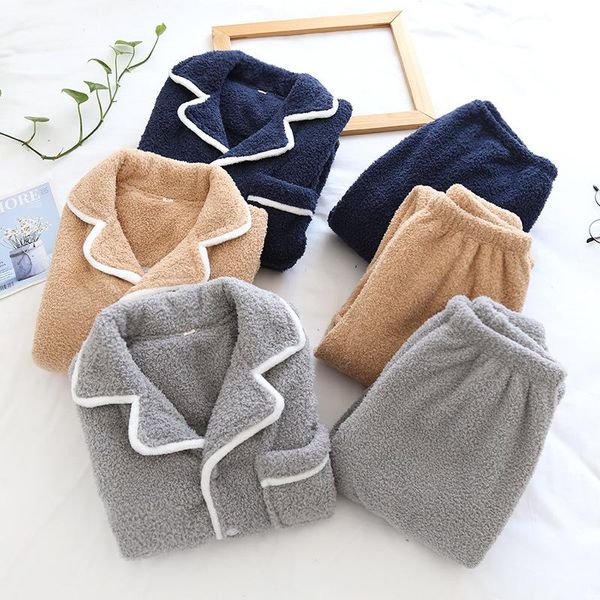 

men's sleepwear lamb velvet pajamas fall/winter suit thick and lapel loose trousers warm home service, Black;brown