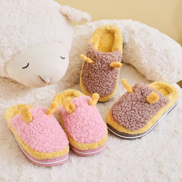 

slippers 2022 winter kids antlers home short plush warm soft cotton baby indoor slides fashion cute cartoon bedroom, Black