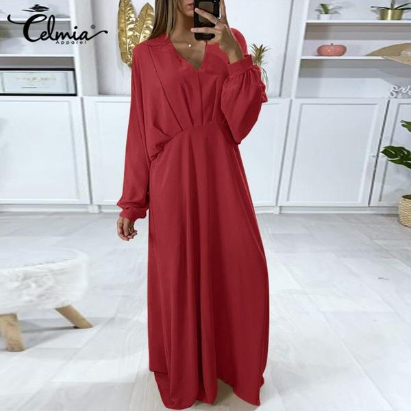 

casual dresses celmia women maxi baggy pleated wasited holiday long bat sleeve vestidos 2021 autumn elegant v-neck dress robe, Black;gray