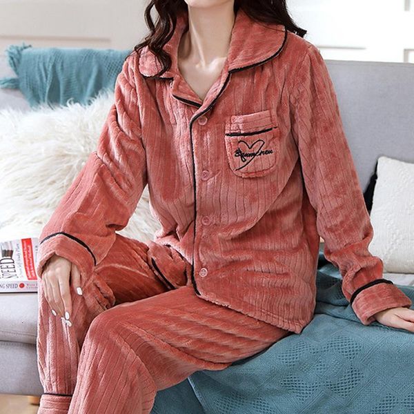 

sleepwear women winter flannel pajama set long sleeve loose button elastic waist thick warm sleepwear home clothing, Black;red