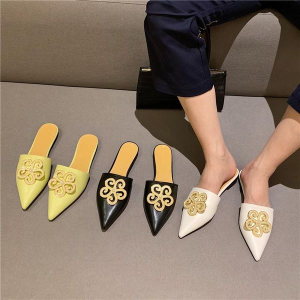 

slippers pointed toe women flower rhinestone slides flats heeled yellow shoes casual elegant mules size 35-39, Black